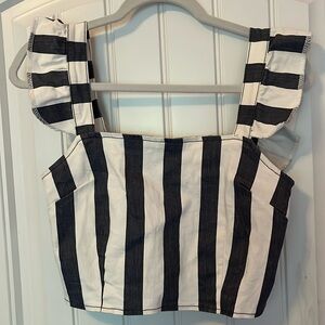 Jean material striped cropped ruffle sleeve top